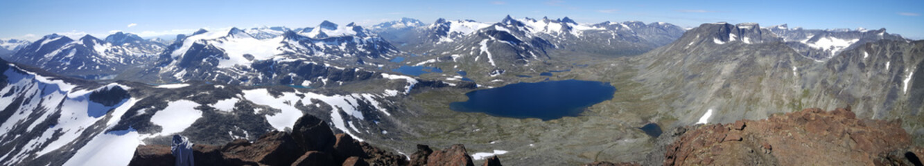 Panorama from lakes and snowy mountains