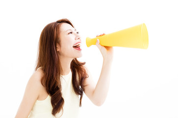 young Woman making announcement with megaphone