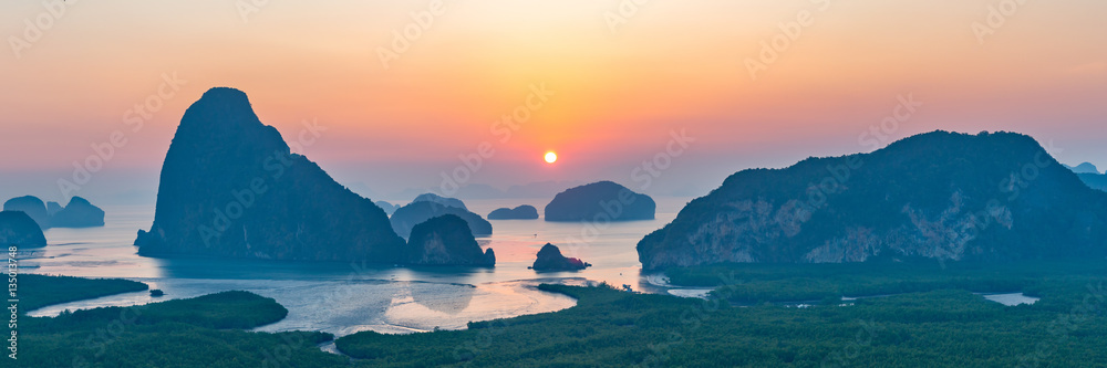 Wall mural panoramic view of sunrise from the samet nangshe viewpoint, phang nga, thailand