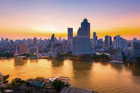Bangkok city skyline with Chaophraya river view.