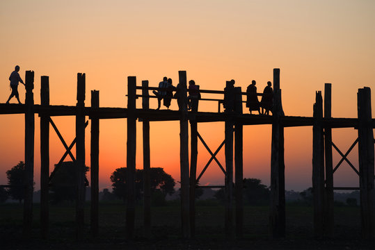 Twilight on the U Bain bridge. Amarapura, Myanmar