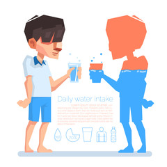 A man hold a glass in his hand, Daily water intake, Vector info-