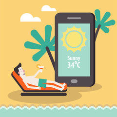 Businessman or young man on vacation with smartphone. Weather Forecast map on mobile