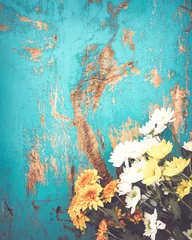 Deurstickers Colorful flowers bouquet on vintage wooden background, border design. vintage color tone - concept flower of spring or summer background © jakkapan