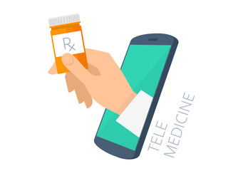Doctor's hand holding orange container through the phone screen giving the drug, cure to patient. Tele, online medicine flat concept illustration. Vector design infographic element isolated on white.