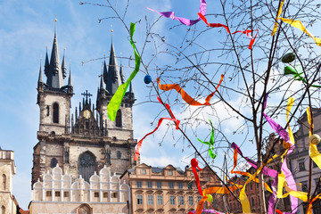 Traditional Czech easter decoration - birch tree maypole on easter market in Prague, Czech republic