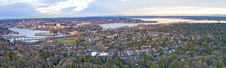 Seattle Portage Bay Lake Washington Montlake Neighborhood University Bellevue 520 Bridge Panoramic Aerial View