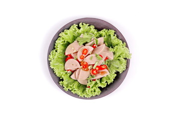 Spicy mixed vegetable salad with sliced Thai white pork sausage