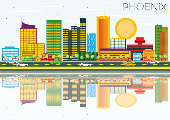 Phoenix Skyline with Color Buildings, Blue Sky and Reflection.