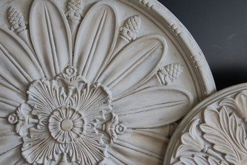 Close Up of Round / Circular Decorative Ceiling Medallions Architectural Elements, Against Black Background