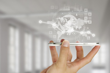 Network with his mobile phone . Mixed media