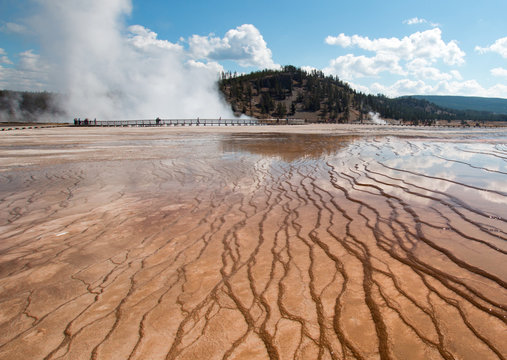 Steam rising from the Excelsior Geyser in the Midway Geyser Basin in Yellowstone National Park in Wyoming USA