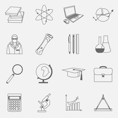 Education school university learning icons collection with science elements