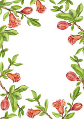 template with fruit tree branches, leaves,flower and pomegranates