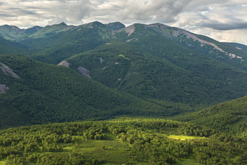 Fototapeta na wymiar Kronotsky Nature Reserve on Kamchatka Peninsula. View from helicopter.