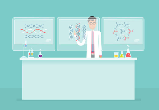 Scientists Research In Laboratory Lab Concept And Business Man Analyze  On Monitor.flat Vector Cartoon Design
