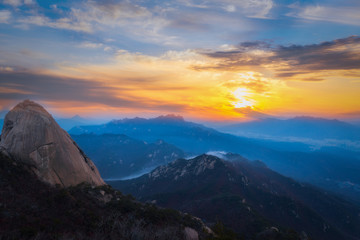 Naklejka na ściany i meble Baegundae highest mountains in the morning Bukhansan in seoul,south Korea,national park