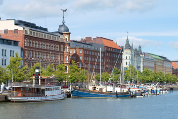 Urban waterfront Pohjoisranta cloud day in August. Helsinki, Finland