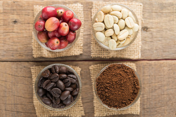 coffee beans prepare product on wood table top view
