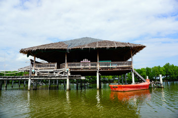 Tropical riverside local cottage or straw house in Thailand