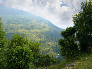 Mountain valley with village and terraced fields in the Himalaya