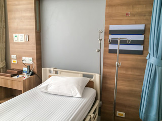 Empty hospital bed with medical equipment. Concept of medical, sickness, death