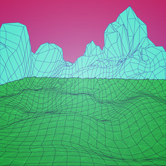 Low Poly Landscape. Background in style arcades the 80s. Vector Illustration.