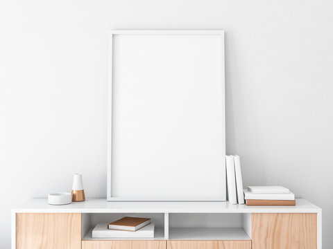 Poster Frame Mockup on bureau in modern interior, portrait orientation, 3d rendering