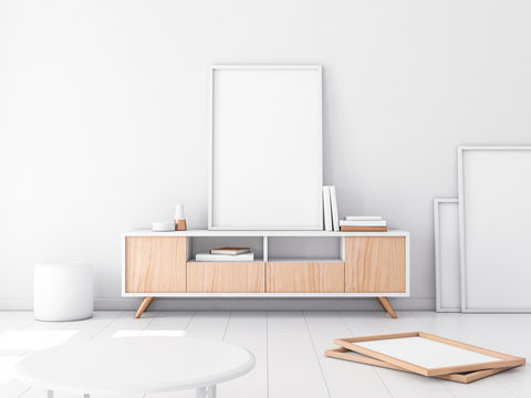 Poster Frame Mockup on bureau, modern white interior, 3d rendering