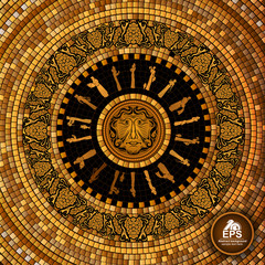 Round greek tile geometric background with grapes and wine maker pattern and face in center