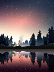 Obraz premium kemping w lesie sosnowym w pobliżu jeziora o zmierzchu
