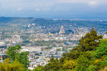 Tbilisi cityscape with Holy Trinity Cathedral of Tbilisi (Sameba) view in Tbilisi, the capital of Georgia