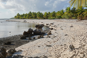 Coastal landscape, tropical sea shore with sand and rocks on the atoll of Tikehau in the Tuamotu archipelago, French Polynesia, south Pacific ocean
