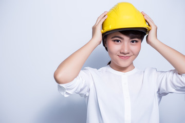 Engineer woman on white background coppy space
