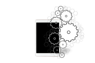 Gear wheels icons going out a tablet