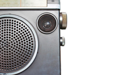 Vintage radio cassette recorder,Detail of old radio speaker on white.