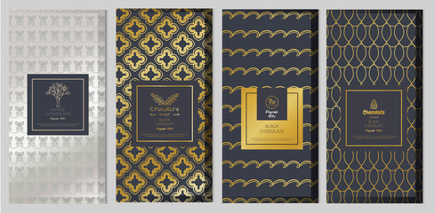 Chocolate bar packaging mock up set. Trendy luxury product branding template with label and geometric pattern. vector