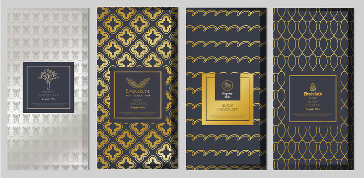 Chocolate bar packaging mock up set. Trendy luxury product branding template with label and geometric pattern. vector