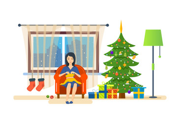 Woman housewife, in quiet environment, knits on the couch.