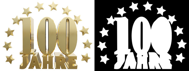 Golden digit one hundred and the word of the year, decorated with stars. Translated from the German. 3D illustration