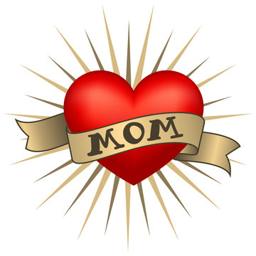 Retro Tattoo Heart With Gold Ribbons And Word Mom. Vector