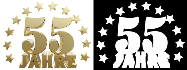 Golden fifty five one and the word of the year, decorated with stars. Translated from the German. 3D illustration