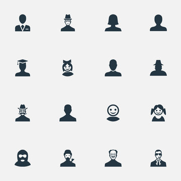 Set Of 16 Simple Member Icons. Can Be Found Such Elements As Whiskers Man, Felon, Mysterious Man And Other.