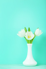 Bouquet of tulips in vase on green background