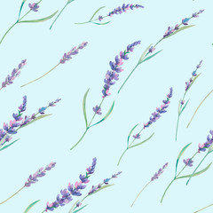 Watercolor lavender seamless pattern. Hand drawn floral repeating texture. Spring wallpaper with flowers on blue background