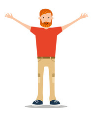 The red-bearded young man in summer clothes happily waving his hands. Cartoon flat vector illustration