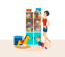 Young mum is engaged in cleaning the room, wiping dust.