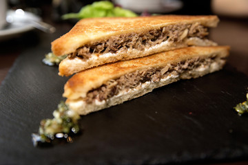 sandwich with duck and garnish with fresh vegetables