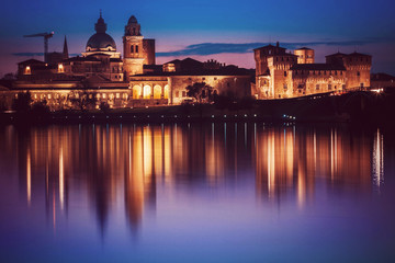 Fototapeta na wymiar Nighttime panorama of historical Mantova, Nothern Italy