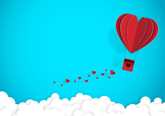 Fototapeta na wymiar Illustration of love and valentine day,Origami made hot air balloon flying